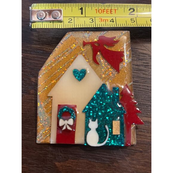 Whimsical Glitter House Pin, Cat Heart Angel Trumpet By Lucinda 2" Resin & Metal - Picture 2 of 3